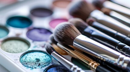 Makeup, brushes and makeup palette convey idea of beauty and self-care, trend luxury pampering preparation ritual