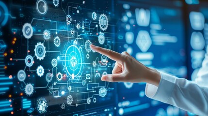 Innovation intelligence, woman touching virtual screen with globe and various technological icons, commerce economy market investment growth