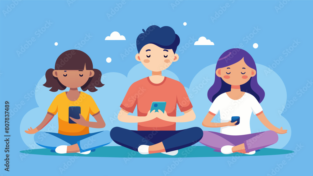 Poster a group of siblings use a meditation app together taking deep breaths and relaxing after a busy day 