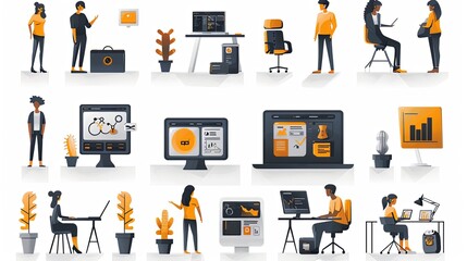 Productive Workflow Organization - Concept illustrations. Collection of scenes with people organizing and improving their workflow and workplace. Vector illustration