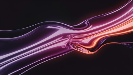 Abstract flowing liquid glass waves on black background, smooth texture purple and orange
