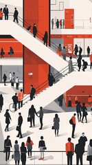Minimalist illustration of people in a shopping mall depicted with geometric shapes in black, white, and red. Clean and striking visual concept.