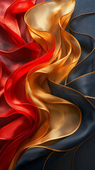 Red and yellow silk abstract design featuring a palette of red and black, enhanced by geometric lines