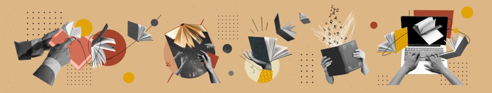 Interactive and engaging learning experiences. Dynamic nature of modern education, hands with books and digital devices. Contemporary art. Concept of education, modern technology, online learning