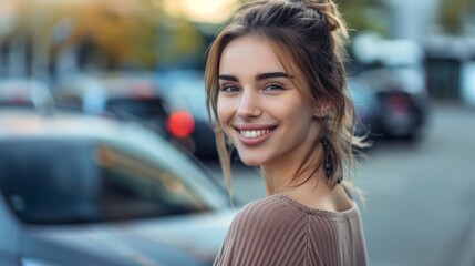 Portrait of a businesswoman on shopping mall parking on city street.