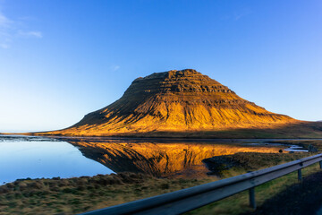 Kirkjufell Mountain reflection in Snaefellsnes peninsula in Iceland