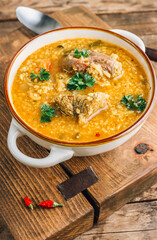 Traditional Georgian soup Kharcho with meat and rice