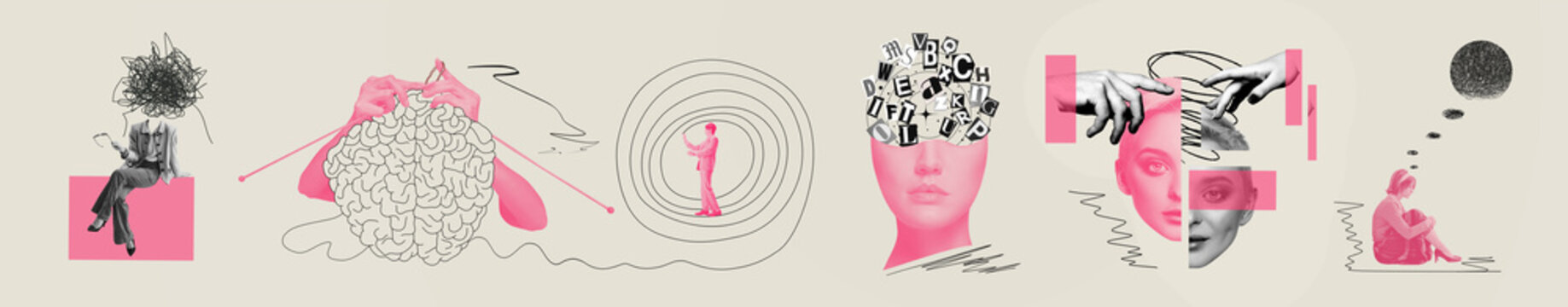 Complexity of human mind. Chaotic nature of human mind, tangled thoughts, conflicts, and emotional pressure and stress. Contemporary art collage. Concept of psychology, inner world, therapy