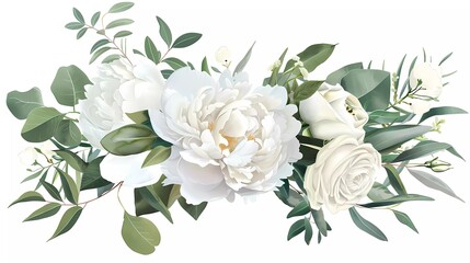 Classic white peony, hydrangea, magnolia and rose flowers, eucalyptus, fern, salal, greenery, big vector design spring wedding bouquet. Watercolor