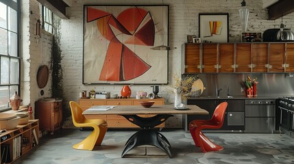 Chic kitchen with a unique geometric table, mismatched chairs, and bold modern art on the walls
