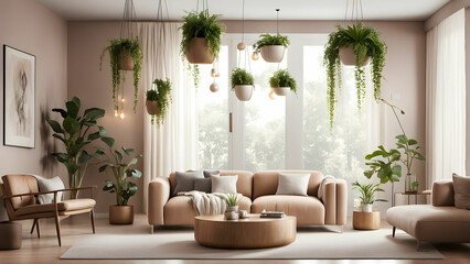 Gorgeous living room with soft, earthy colors and hanging plants for a relaxing feel, biophilic interior design