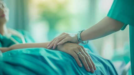 Super close up shot of doctor holding hand of patient resting on bed, taking care of person