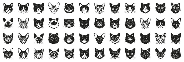 Cat breeds vector illustration. Different cats head portrait hand drawn black on white background. Pet silhouette - Devon Rex, Longhair Domestic, Munchkin, Bengal, Persian, Ragamuffin, Ragdoll.