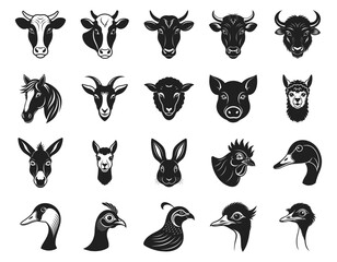 Fototapeta premium Farm animals head vector illustration. Different domestic birds and pet hand drawn black on white background. Silhouette of cow, goat, chicken, donkey, duck, emu, goose, guinea fowl.