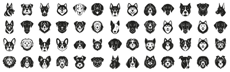Dog breeds vector illustration. Different dogs head portrait hand drawn black on white background. Pet silhouette - Dalmatian, Doberman Pinscher, French Bulldog, German Shepherd, Golden Retriever.