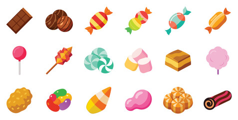 Collection of Candy and Sweet Treats Icons, vector flat cartoon illustration. Confectionery - chocolate, lollipop, cotton candy, jelly beans, marshmallows, caramel, bubble gum.