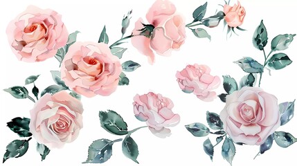 Watercolor pink flowers, flower clip art. Blush rose bouquets are perfect for printed designs on invitations, cards, wall art and more. Isolated on white background. 
