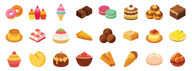 Collection of Dessert and Sweet Treats Icons, vector flat cartoon illustration. Confectionery menu - cupcake, doughnut, brownie, macaron, tiramisu, panna cotta, Turkish delight, fortune cookie.