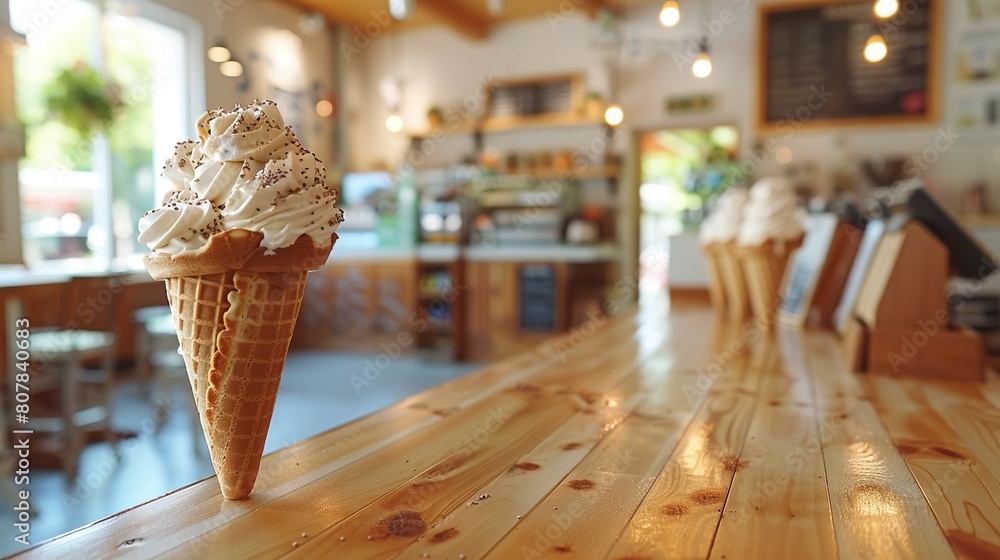 Poster an ice cream cone placed on a wooden table in front of a chair and table setup in the background