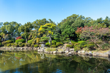 Beautiful calm scene in spring Japanese garden in osaka, Japan