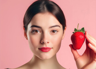 Beautiful woman hold Fresh red strawberry on pink pastel background