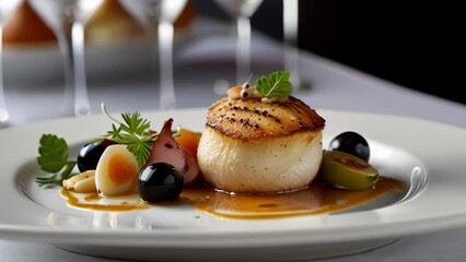 Elegant Gourmet Scallop Dish With Garnish On White Plate, Perfect For Fine Dining Promotions.
