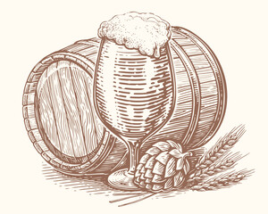 Glass of beer with foam, wooden barrel, hops and ears of wheat. Clipart sketch vintage vector drawing