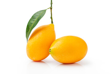 Fresh sweet marian plum with leaf isolated on white background.