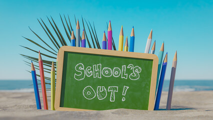 Mini blackboard and beach announcing school summer vacation. 3d rendering
