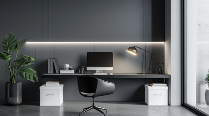 Minimalist study area featuring a sleek black desk, white storage boxes, and a contemporary lamp