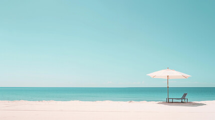 A beach scene with a white umbrella and a chair
