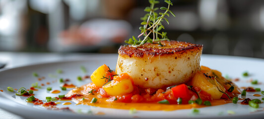 Seared scallop dish with vibrant garnishing and sauce