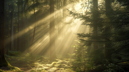 Fototapeta premium Sunlight streaming through forest trees in a tranquil morning