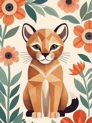 Floral Cute Baby Puma Nursery Generative AI Illustration 