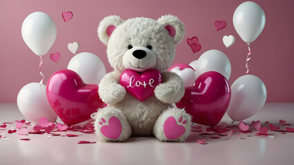Lovely white teddy bear with beautiful pink roses on pink background
