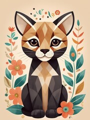 Floral Cute Baby Puma Nursery Generative AI Illustration 