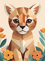 Fototapeta premium Floral Cute Baby Puma Nursery Generative AI Illustration 