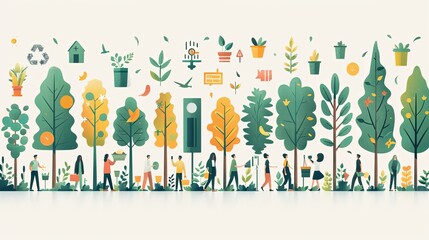Drawings showing planting trees and reducing global warming in all areas covered with green areas and renewable energy.