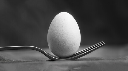   An egg resting atop a fork beside a monochrome picture of an egg on a fork