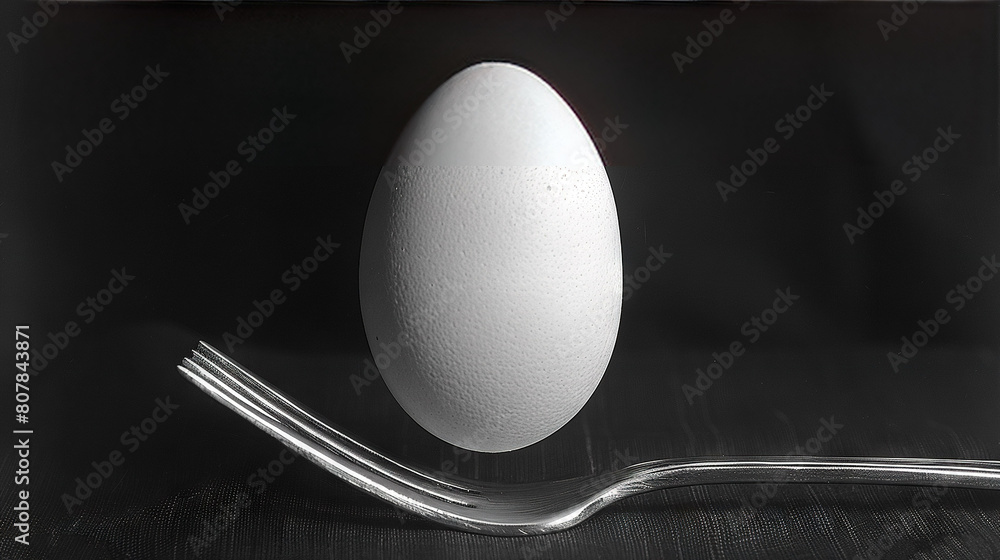 Poster an egg sits atop a fork beside an egg on a dark surface with a fork in front of it