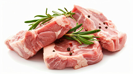 Raw pork meat with rosemary isolated on white background