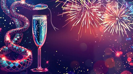 A vibrant celebration image featuring a snake and a champagne glass with a backdrop of fireworks