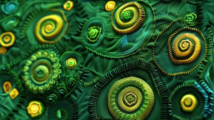 An abstract fractal image with spiral and circular patterns in green tones