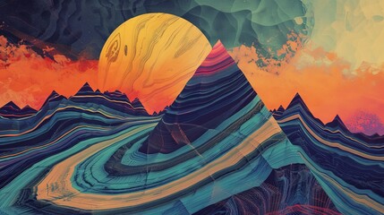 An artwork of stylized, colorful mountains under an otherworldly sky
