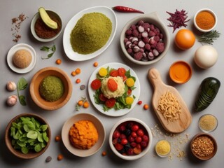 Panorama banner with fresh culinary herbs and spices on a chopping board with a pestle and mortar surrounded by fresh vegetables for salads