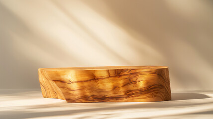 Minimalistic Tranquility: Olive Wood Podium in Empty Space with Serene Leaf Shadow