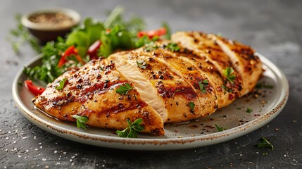 Realistic image of juicy chicken breasts, tenderly sliced and placed on a white plate, showcasing their freshness and lean quality for a healthy product showcase