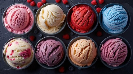   Six scoops of ice cream served with raspberries on the side