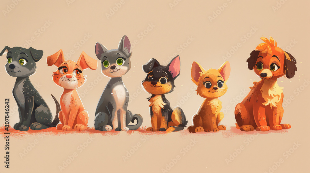 Poster animated image of five adorable puppy and kitty characters seated side by side, each with unique fur