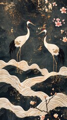 Scenic landscape featuring gold silhouette crane birds against a vintage-style backdrop of Chinese wave decorations. Geometric floral branch accents with text copy space